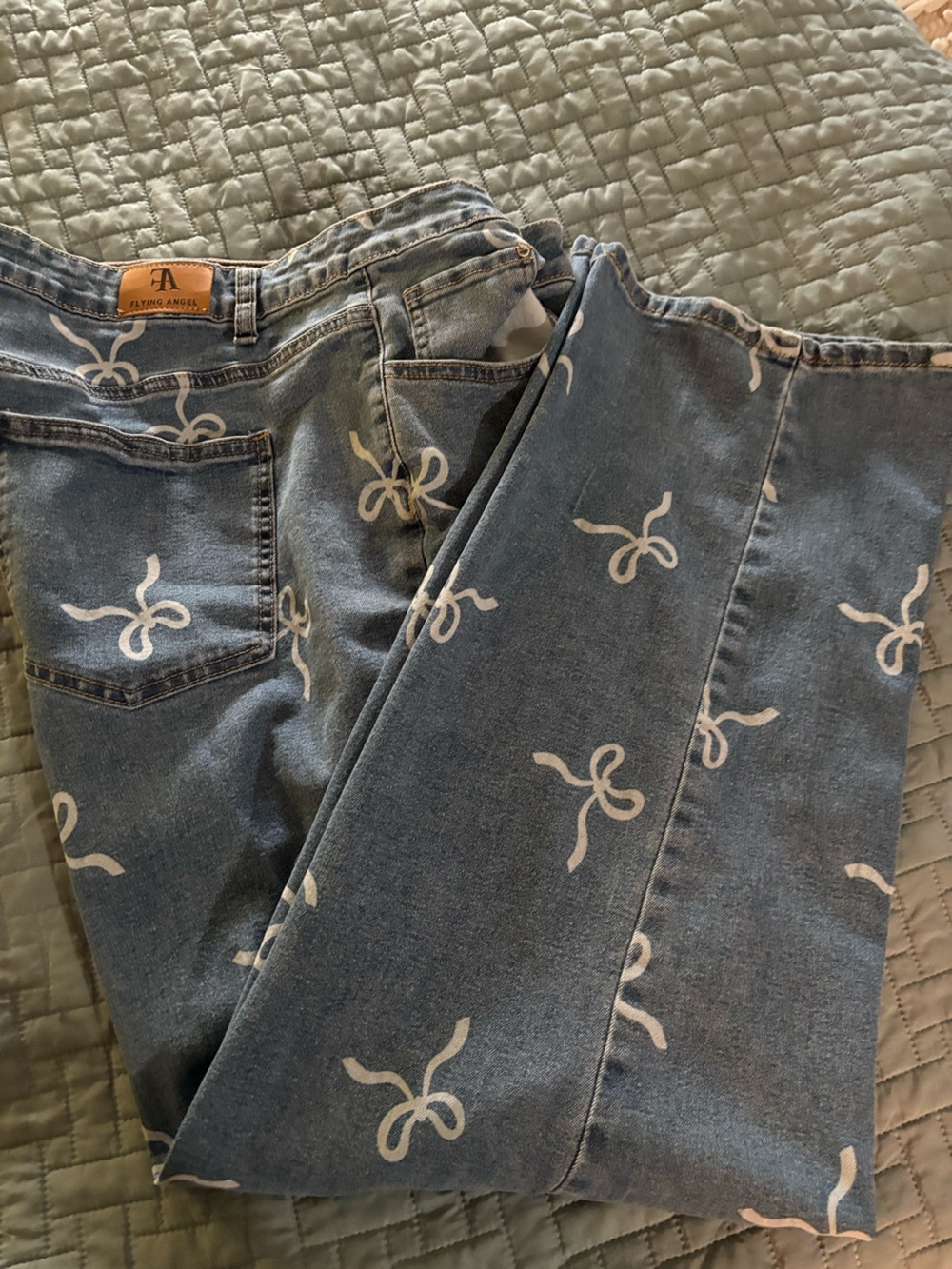 Flying Angel Blue Denim Wide Leg Jeans with White Bow Print
